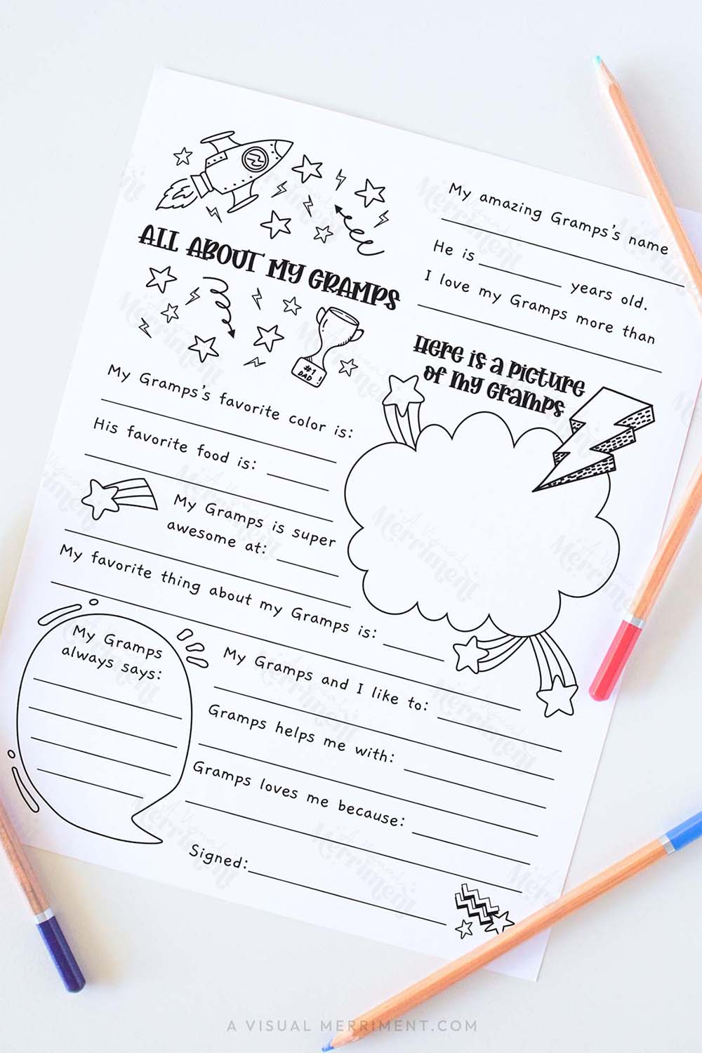 Vertical All about my gramps father’s day questionnaire sheet with colored pencils