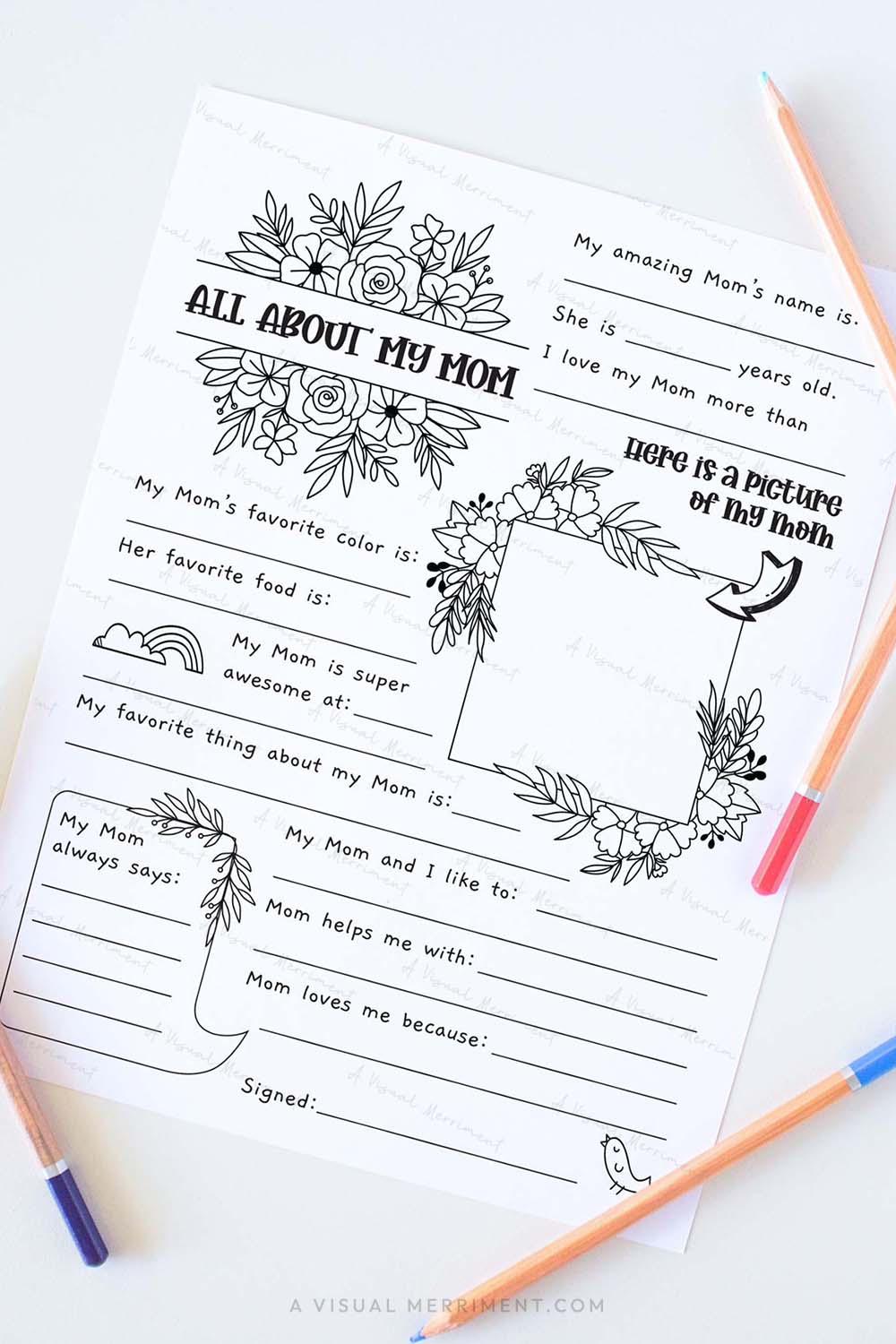Vertical All about my mom mother’s day questionnaire sheet with colored pencils