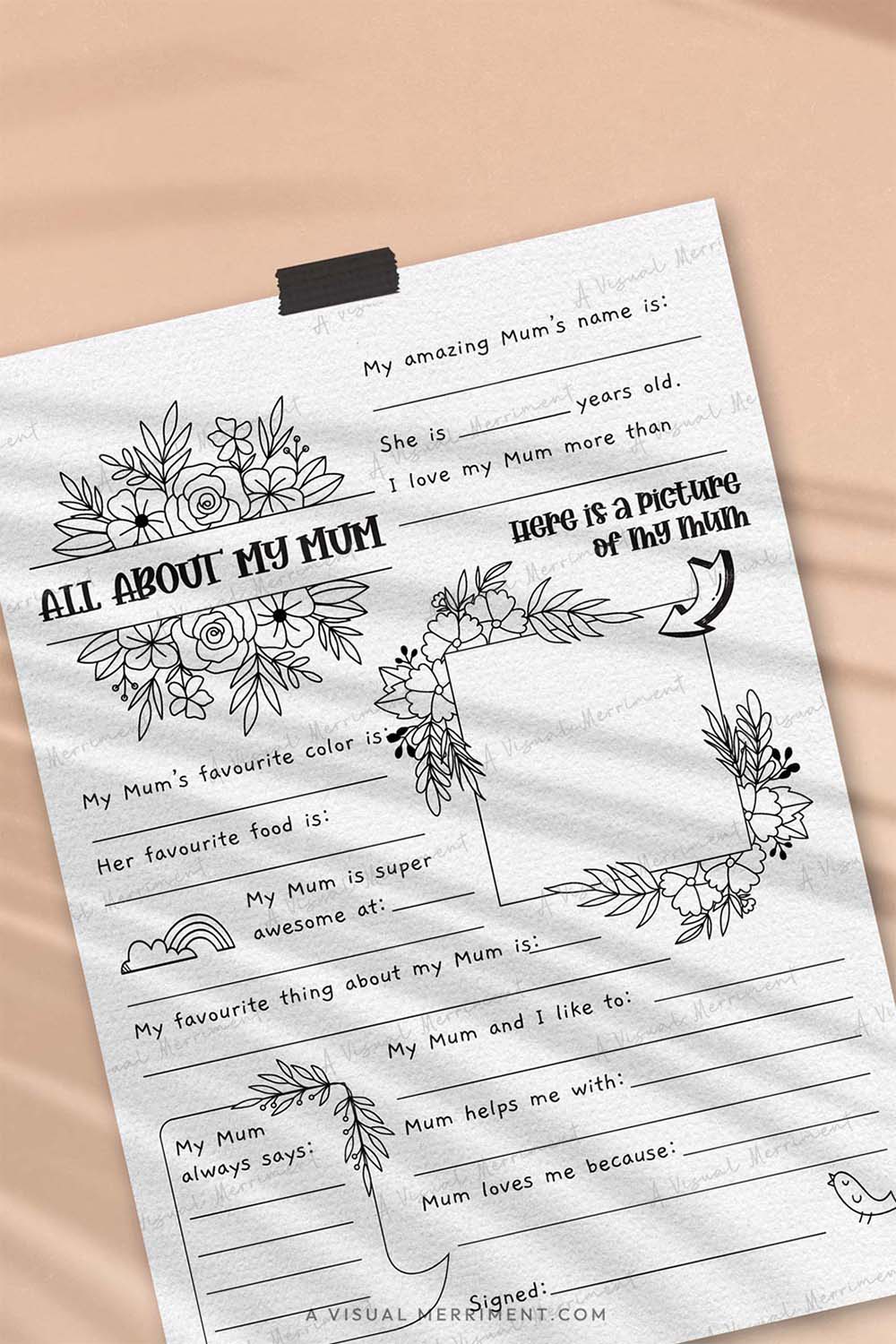 Vertical All about my Mum mother’s day questionnaire sheet with colored pencils