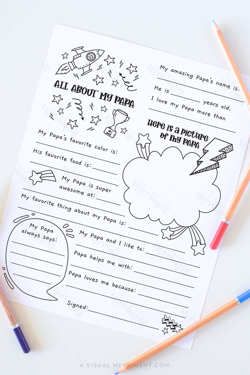 Vertical All about my Papa father’s day questionnaire sheet with colored pencils