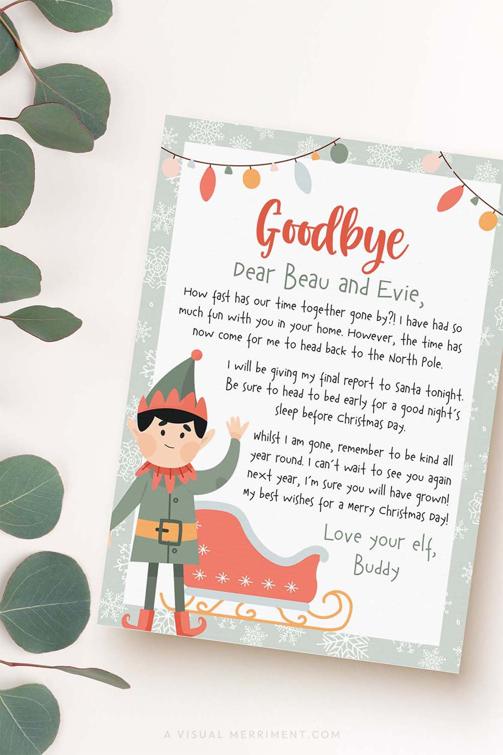 vertical goodbye printable arrival letter from elf on the shelf with leaves