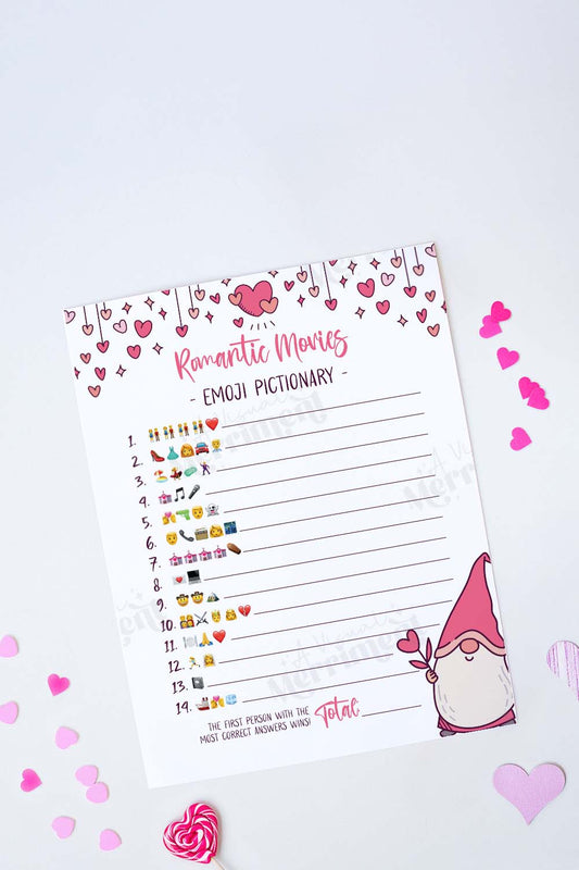 Valentine romantic movies emoji pictionary game sheet with a gnome and hearts