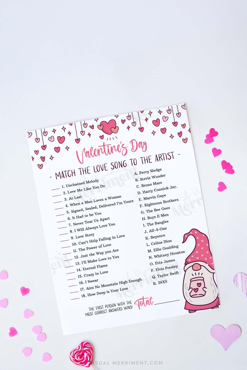 Valentine match the love song to the artist game sheet with a gnome and hearts