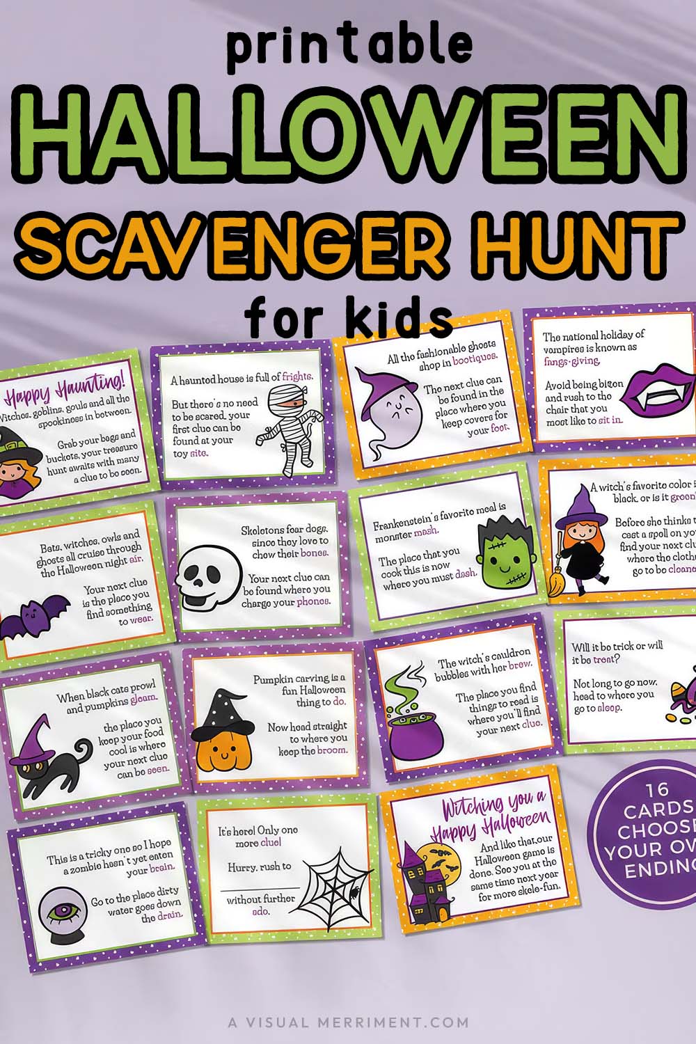 vertical printable halloween scavenger hunt for kids graphic laid out on purple background
