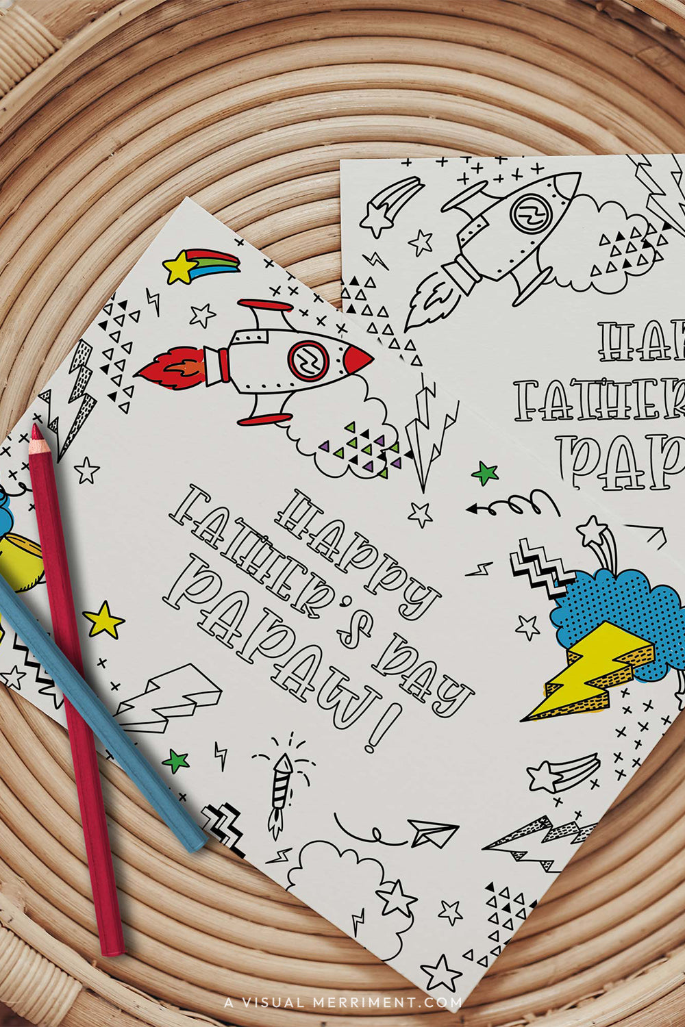 Vertical colored happy father’s day Papaw printable coloring cards with pencils on table