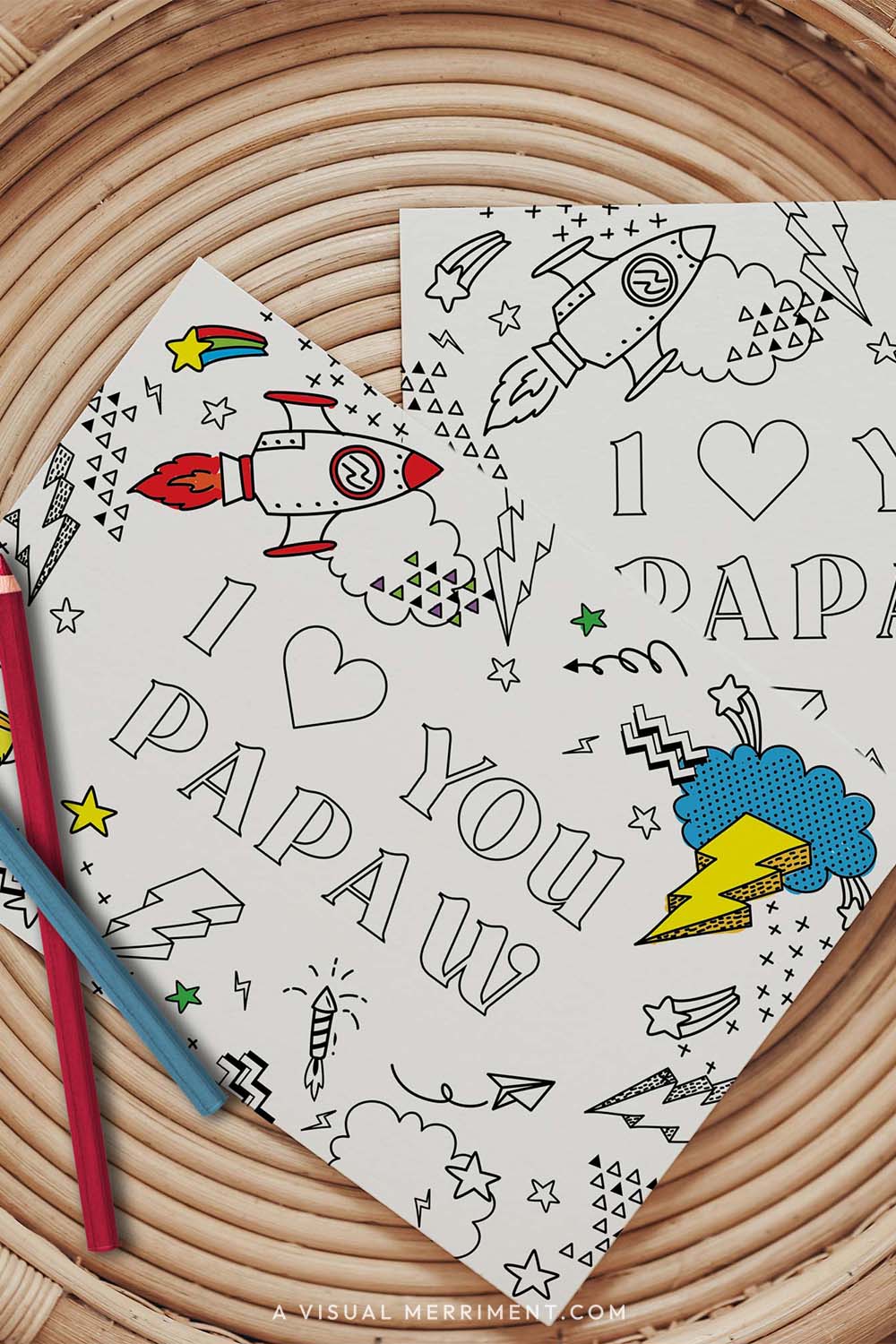 Vertical colored I love you papaw printable coloring grandfather greeting card with pencils on table