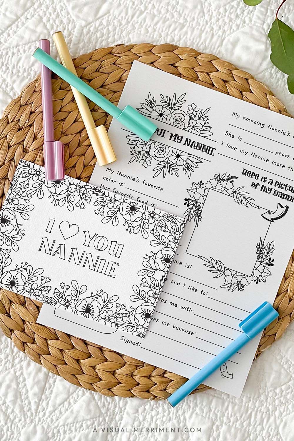 Vertical of I love you Nannie coloring greeting card with all about my grandmother Nannie page with marker pens