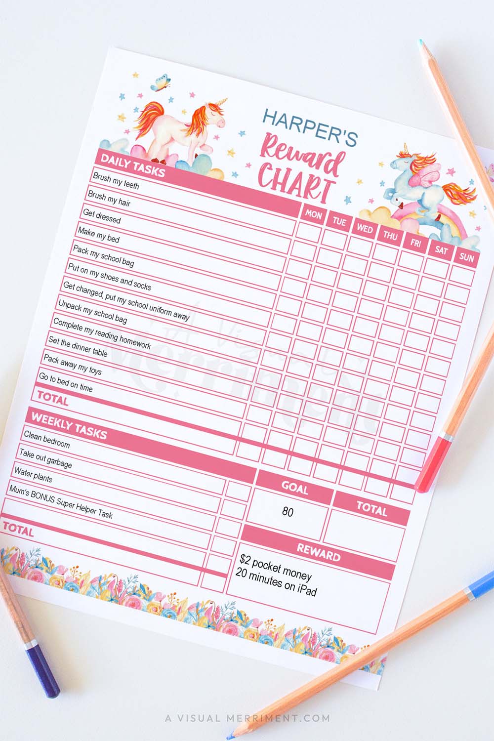 vertical of unicorn editable printable chore chart with pencils