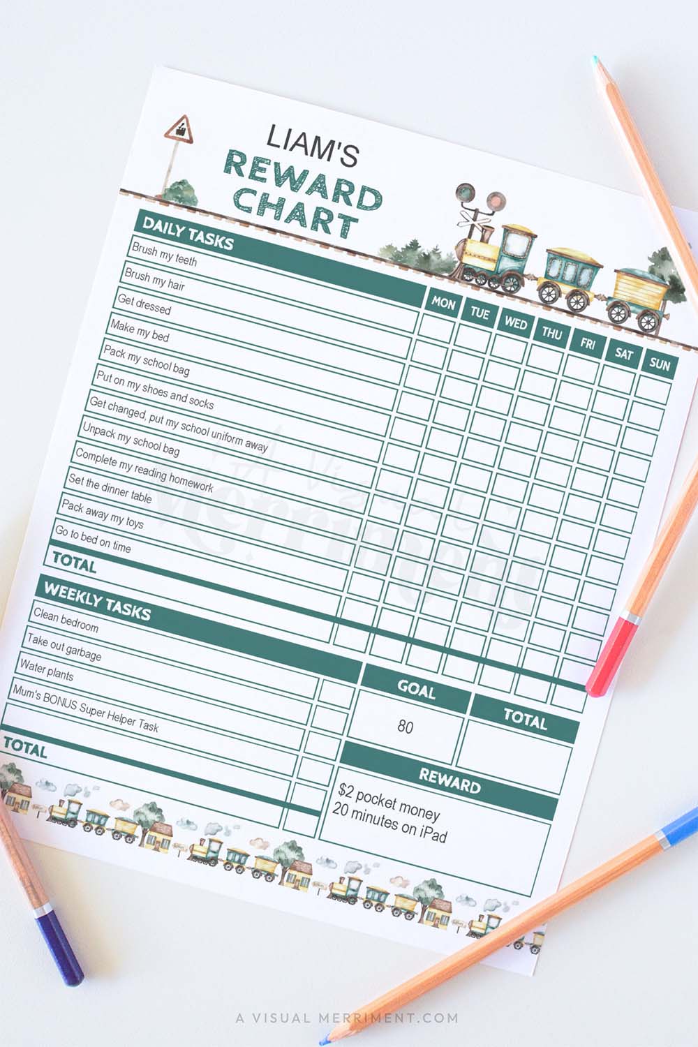 vertical of vintage train editable printable reward chart with pencils