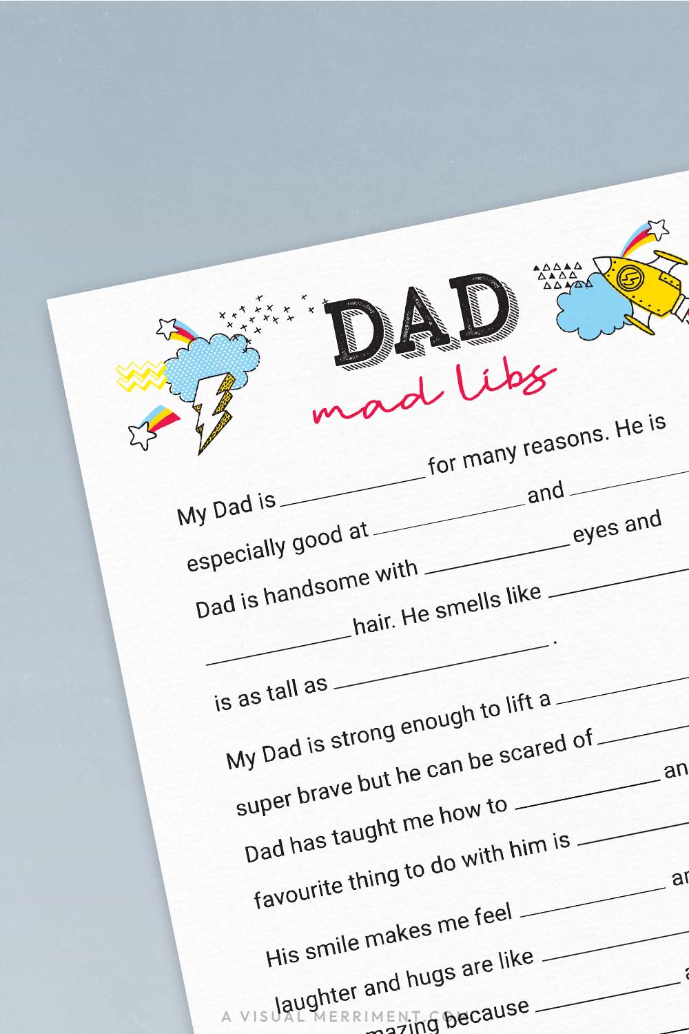vertical of dad mad libs printable father's day game page on blue background