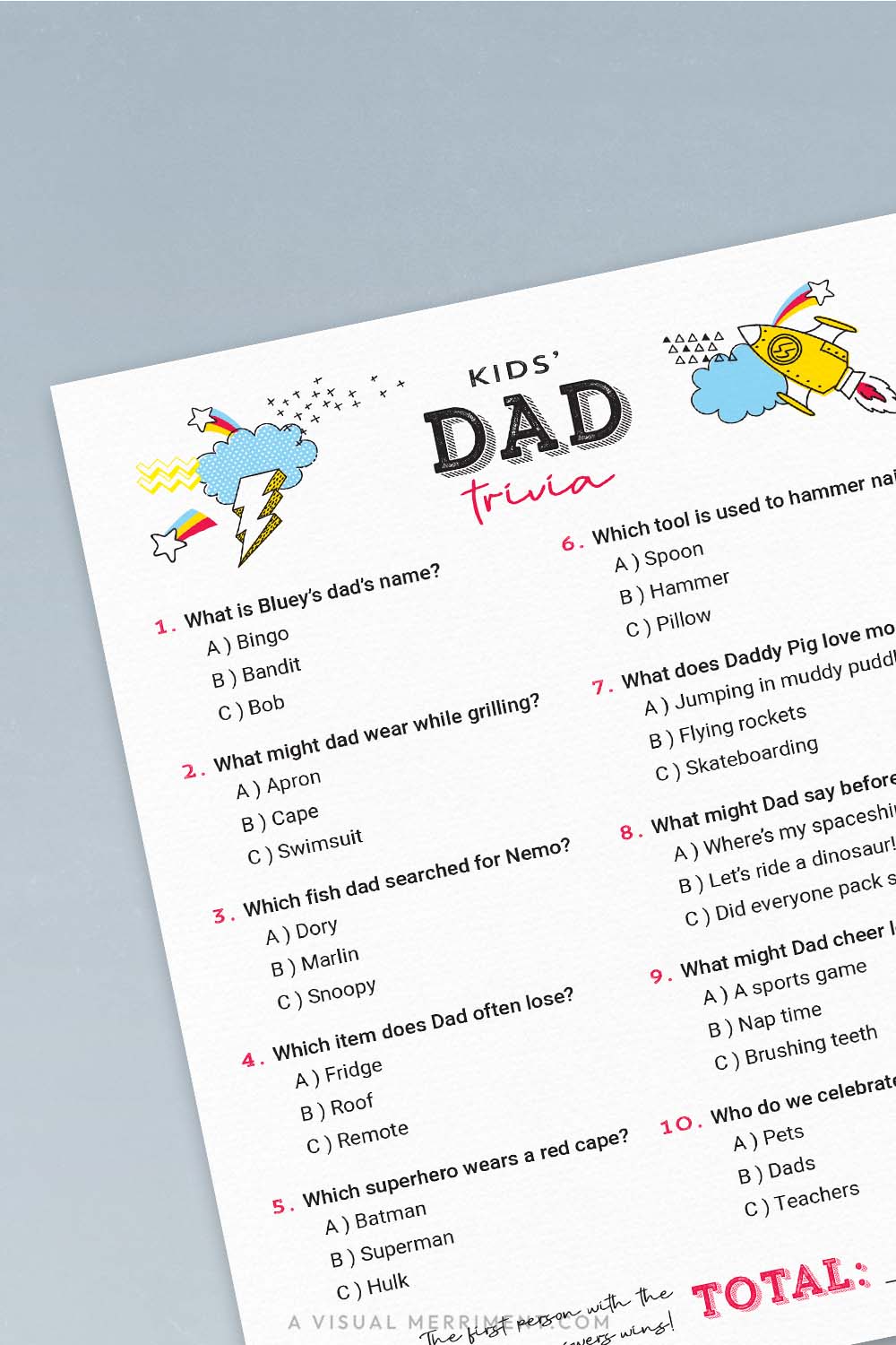vertical of easy kids dad's trivia printable father's day game page on blue background