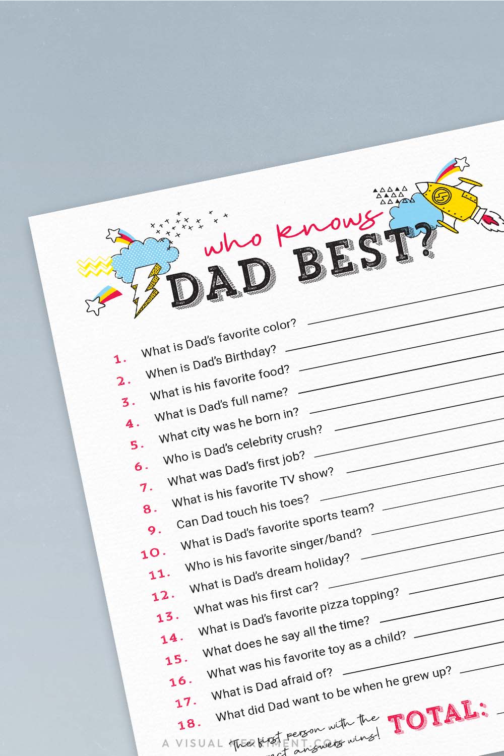 vertical of who knows dad best printable father's day game page on blue background