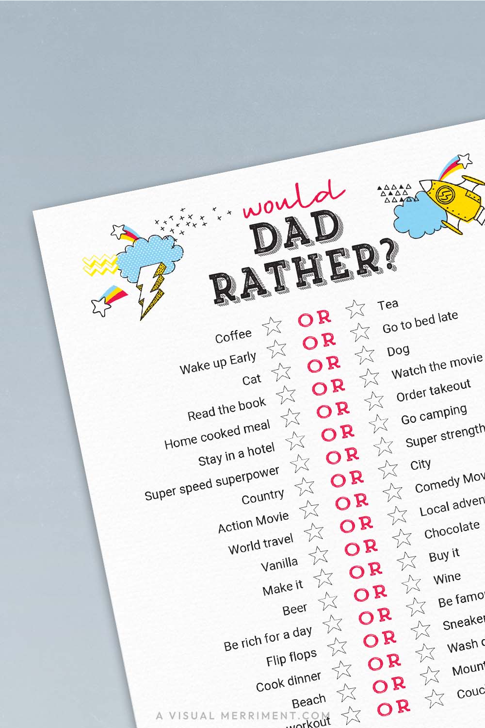 vertical of would dad rather printable father's day game page on blue background