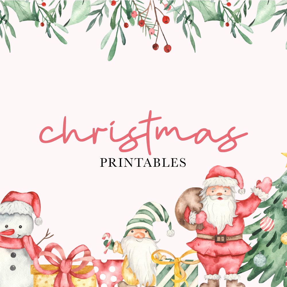 Buy christmas printables graphic with watercolor santa, snowman, christmas tree and gifts