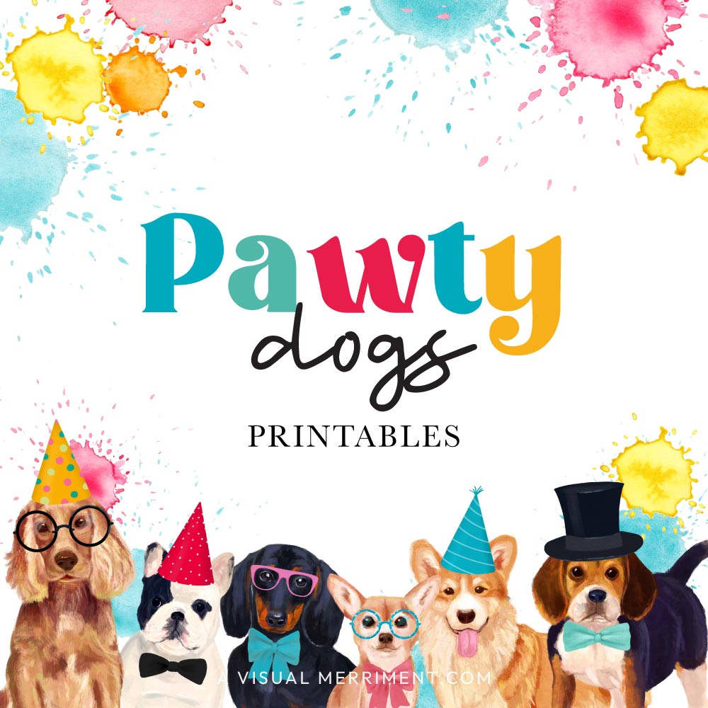 colorful image of printable party dogs in party hats and accessories with paint splashes