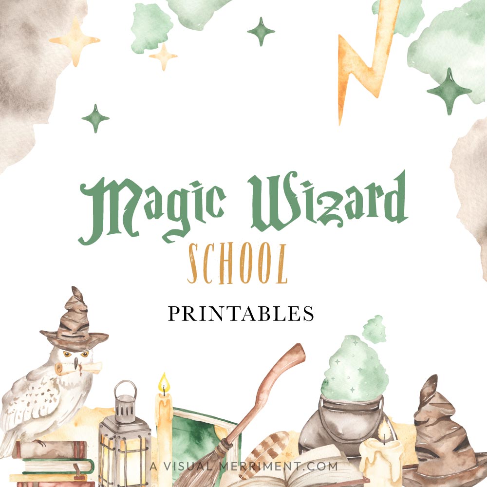 printables graphic with magic wizard school elements with owls, spellbooks, lightning and more, inspired by harry potter