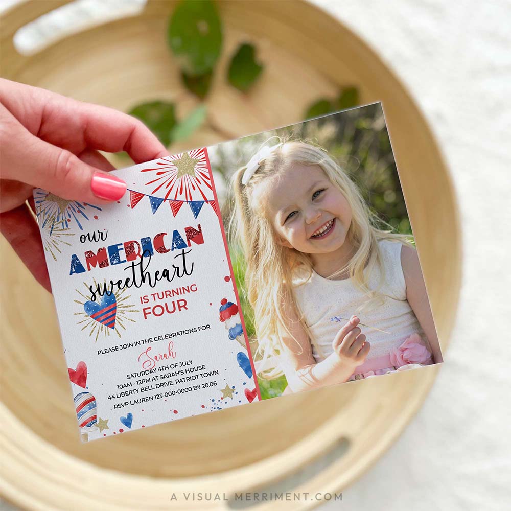 hand holding american sweetheart 4th of july invitation with image of girl