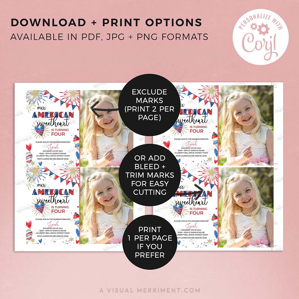instructions for american sweetheart 4th of july invitation with image of girl