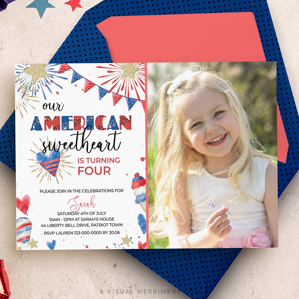 american sweetheart 4th of july invitation with image of girl on envelope