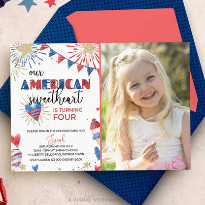 american sweetheart 4th of july invitation with image of girl on envelope
