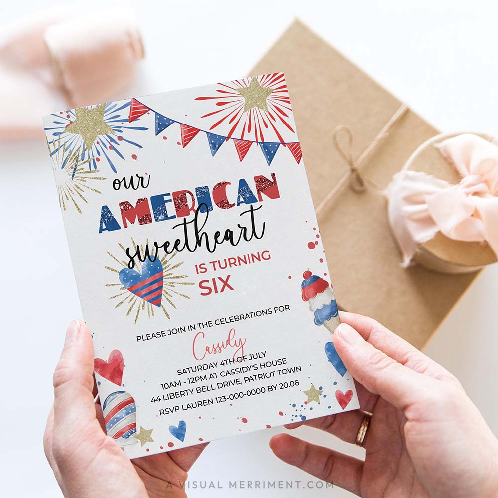 hands holding american sweetheart 4th of july birthday invitation