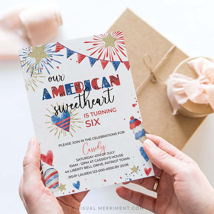 hands holding american sweetheart 4th of july birthday invitation