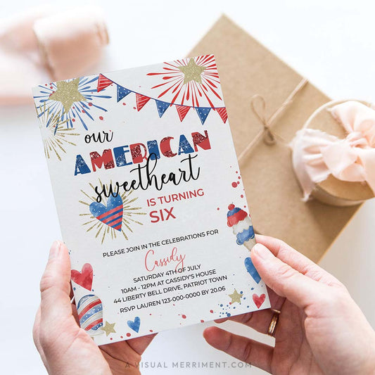 hands holding american sweetheart 4th of july birthday invitation