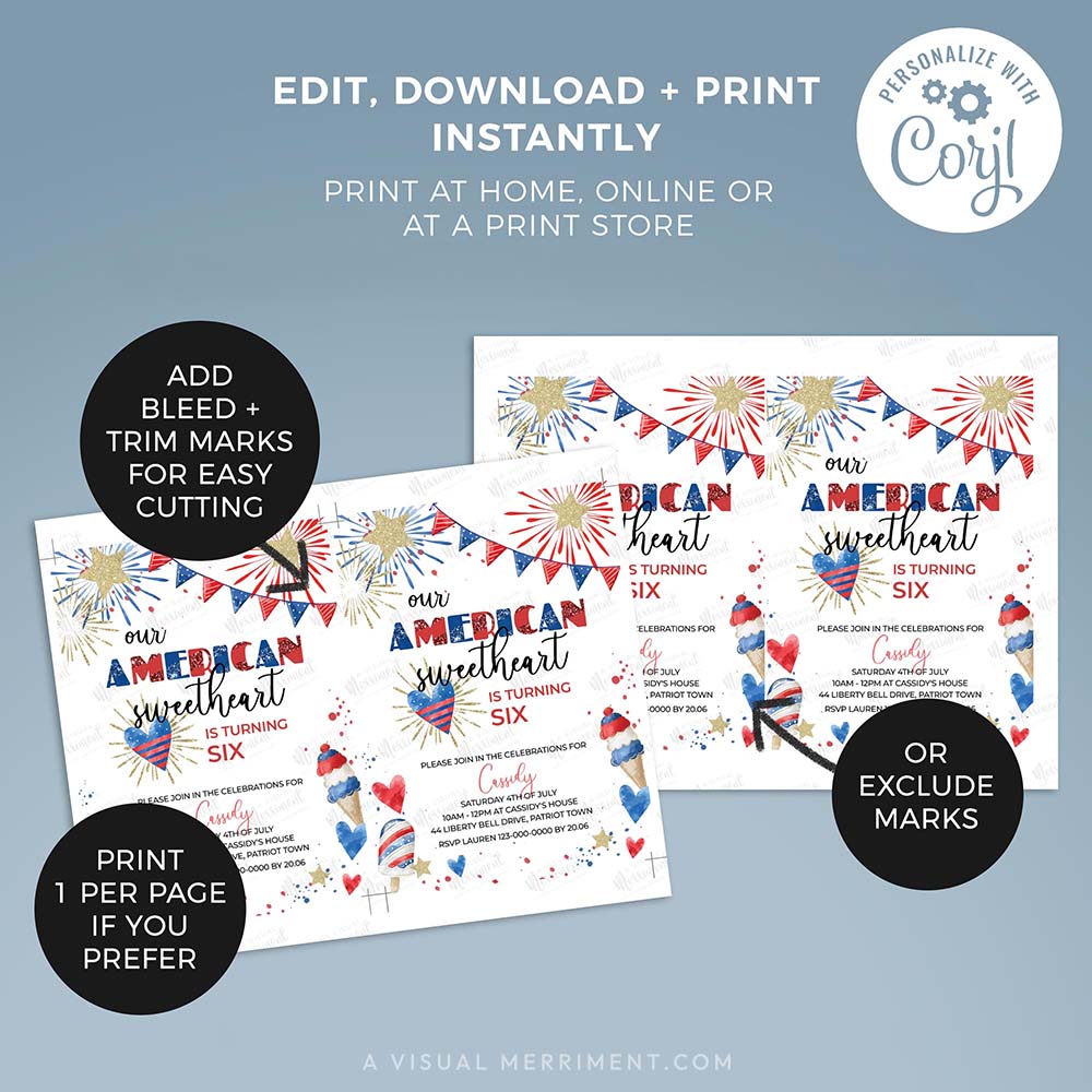 Printable birthday invitation with patriotic design on a blue background