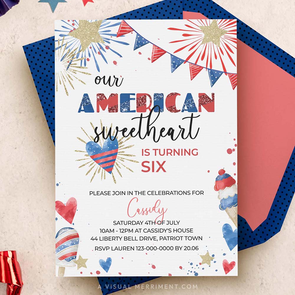 american sweetheart 4th of july birthday invitation with blue envelope