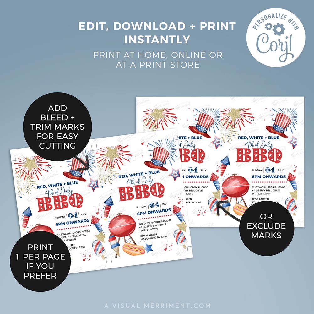 instructions for 4th of July BBQ invitation with 2 pages