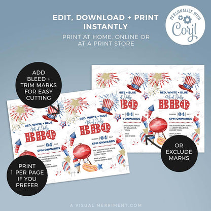 instructions for 4th of July BBQ invitation with 2 pages