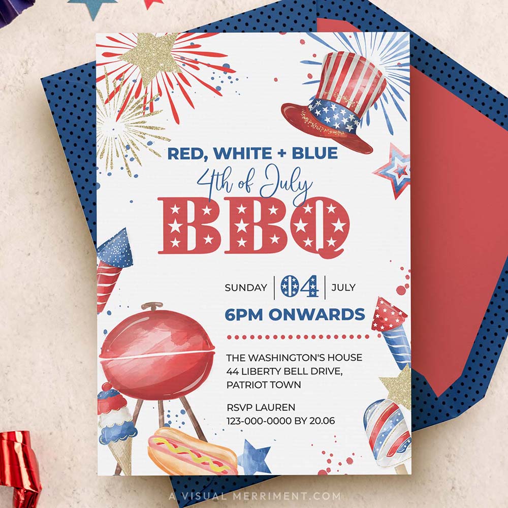 4th of July BBQ invitation with blue envelope
