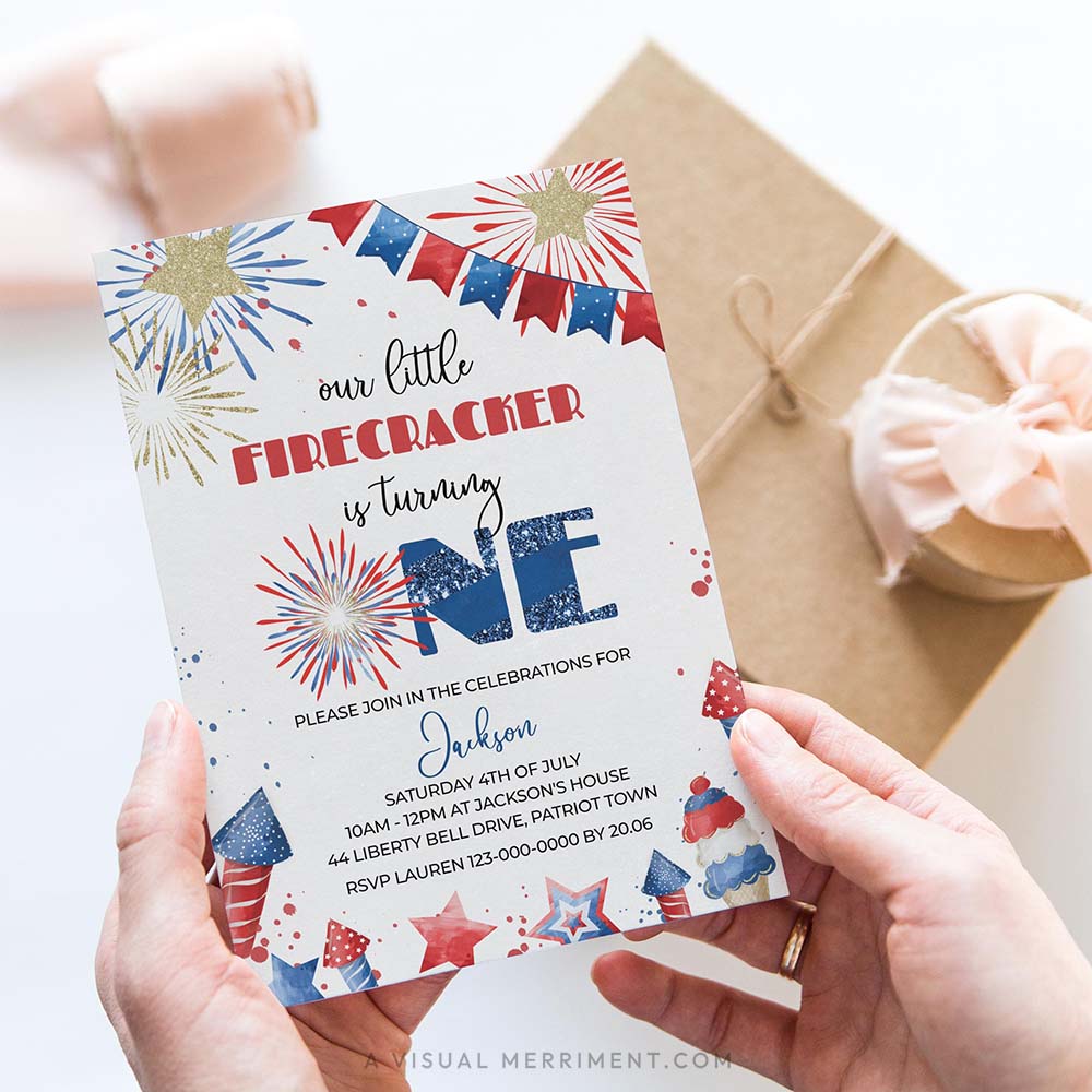 hands holding our little firecracker is one 4th of july 1st birthday invitation