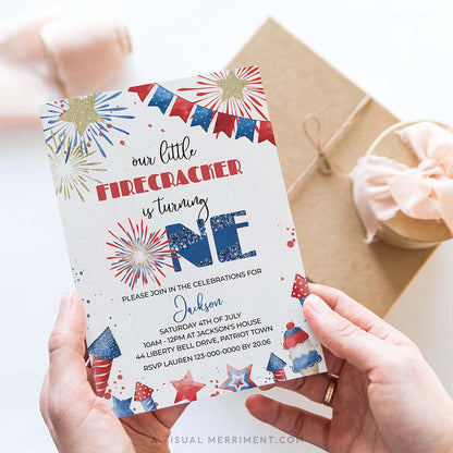 hands holding our little firecracker is one 4th of july 1st birthday invitation