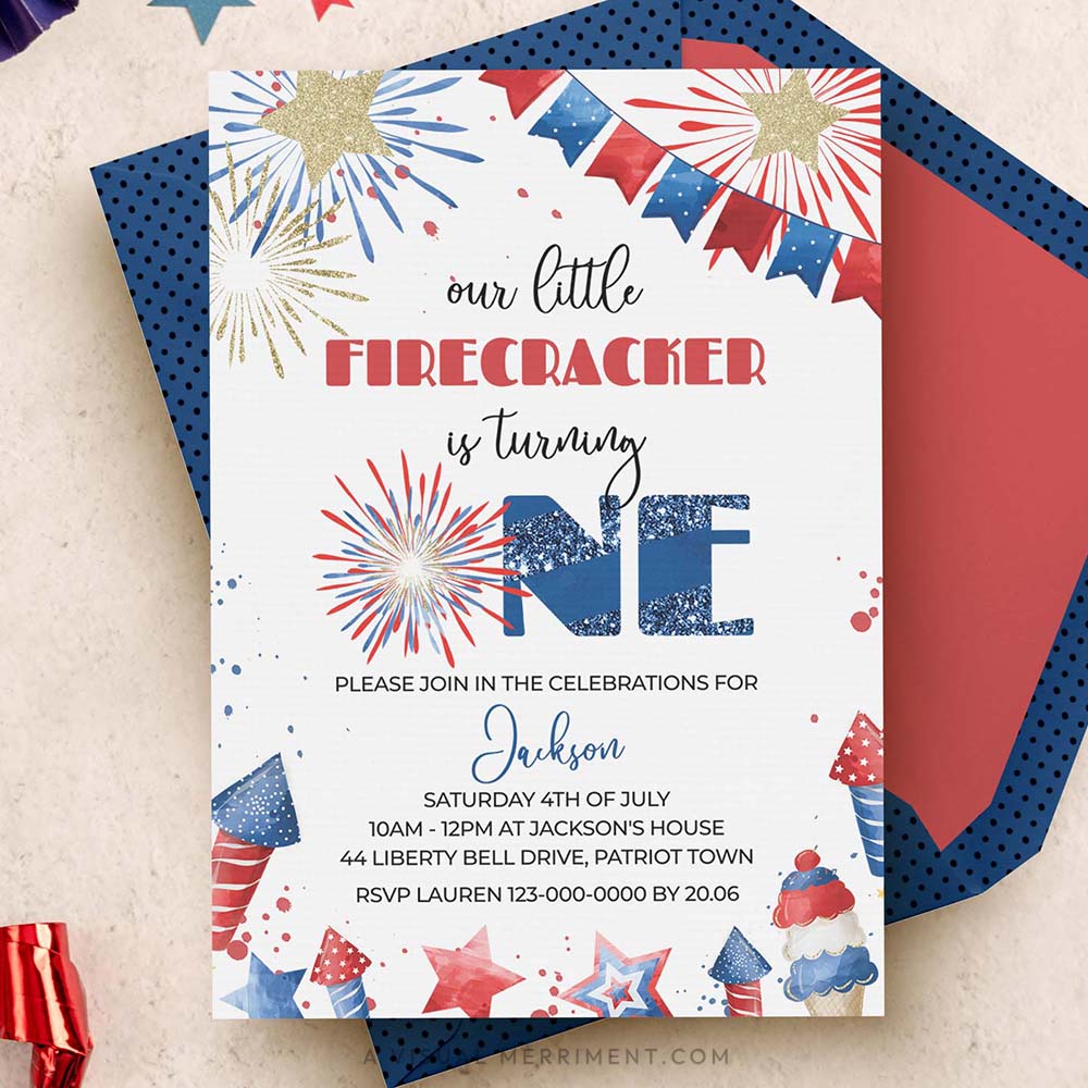 our little firecracker is one 4th of july 1st birthday invitation with blue envelope