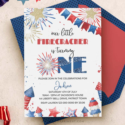 our little firecracker is one 4th of july 1st birthday invitation with blue envelope