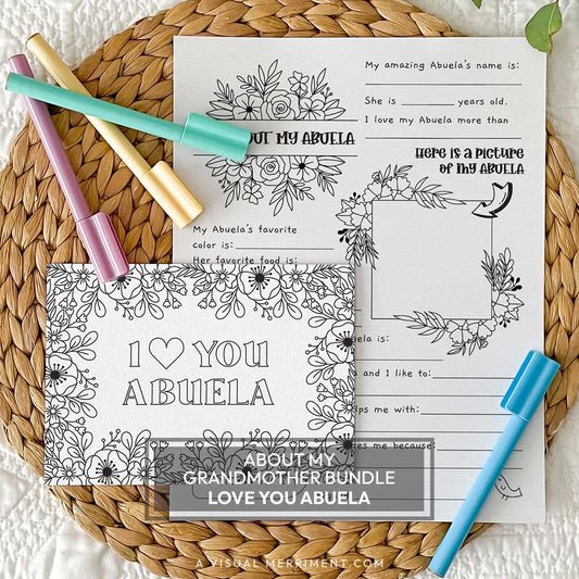I love you Abuela coloring greeting card with all about my Abuela page on a mat with marker pens