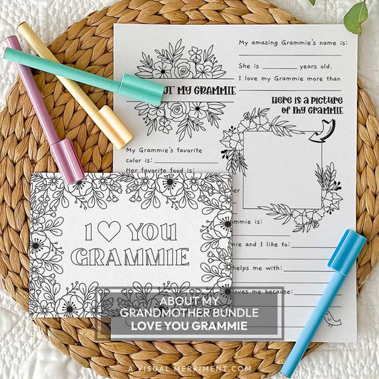 I love you Grammie coloring greeting card with all about my Grammie page on a mat with marker pens