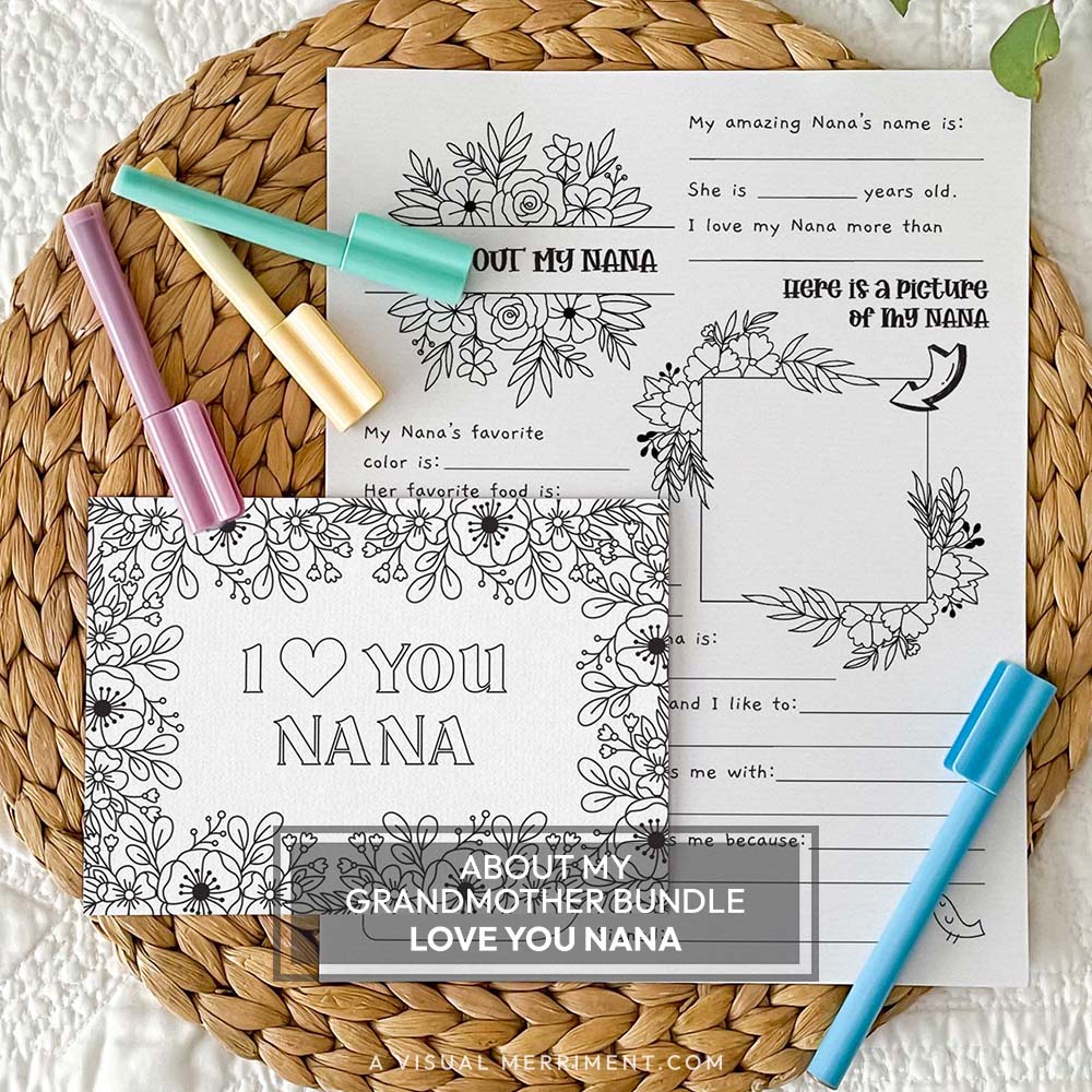 I love you Nana coloring greeting card with all about my Nana page on a mat with marker pens