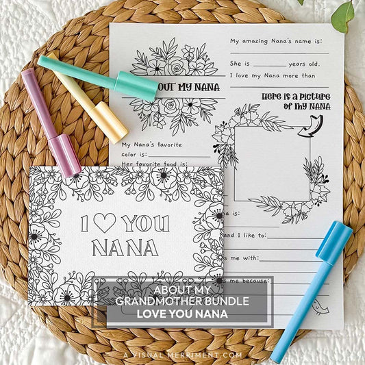 I love you Nana coloring greeting card with all about my Nana page on a mat with marker pens