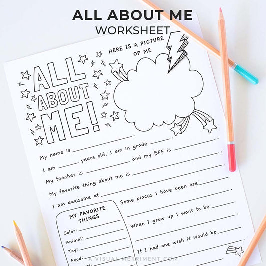 All About Me coloring printable worksheet with pencils