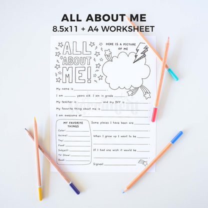 All About Me printable worksheet with pencils on a white background