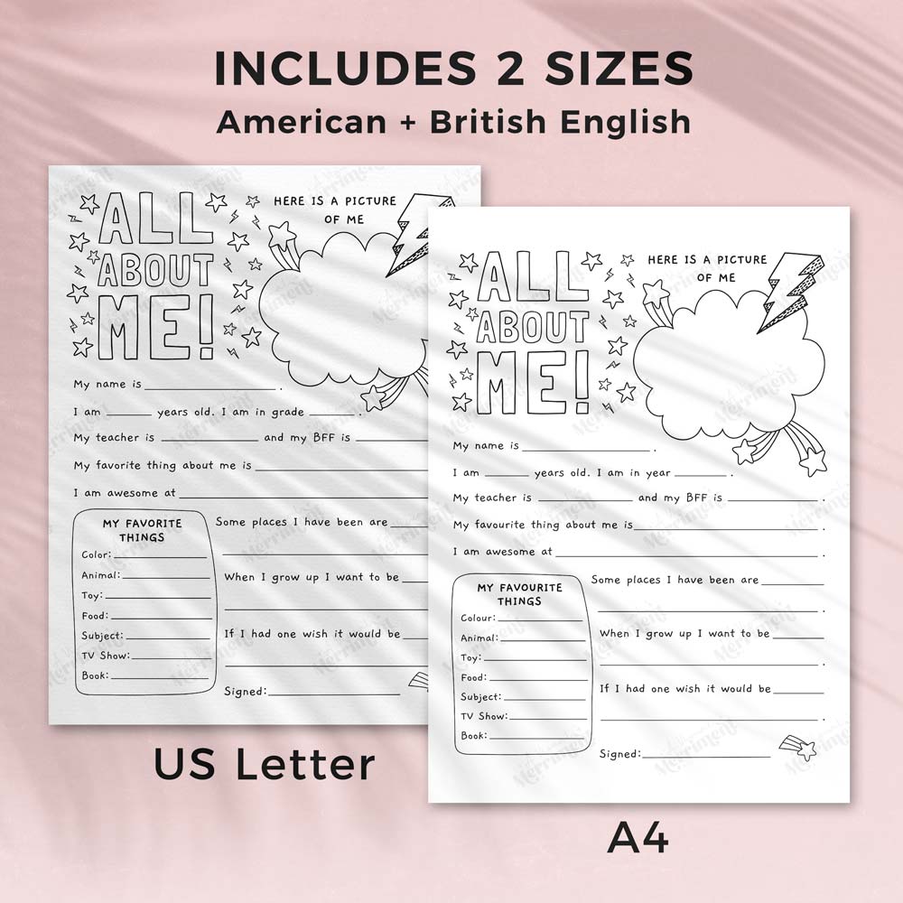 All About Me printable worksheet in 2 sizes US and UK english