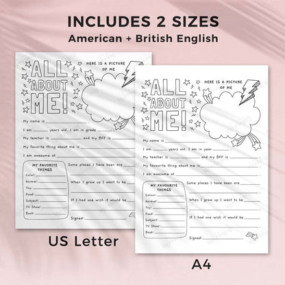 All About Me printable worksheet in 2 sizes US and UK english