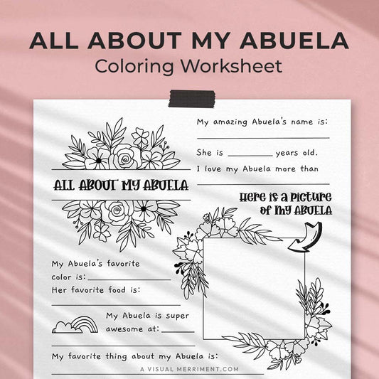 hanging page with tape titled all about my Abuela worksheet with drawing, coloring
