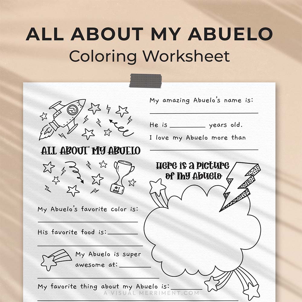 hanging page with tape titled all about my Abuelo worksheet with drawing, coloring