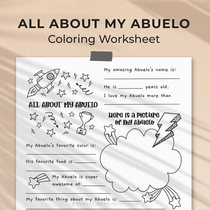 hanging page with tape titled all about my Abuelo worksheet with drawing, coloring