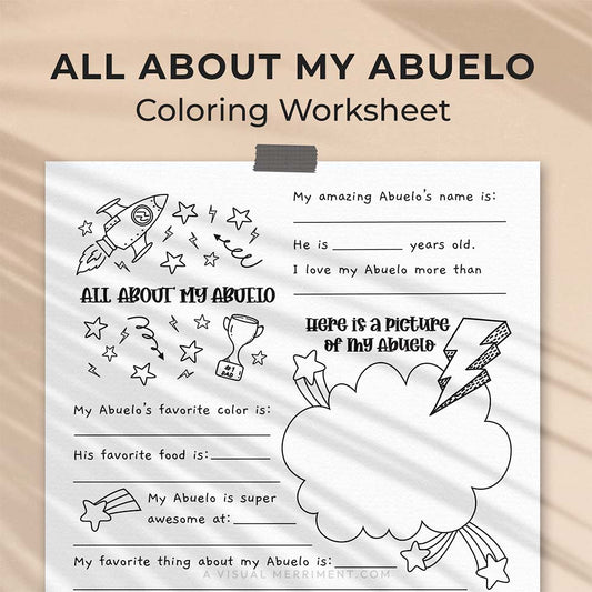 hanging page with tape titled all about my Abuelo worksheet with drawing, coloring