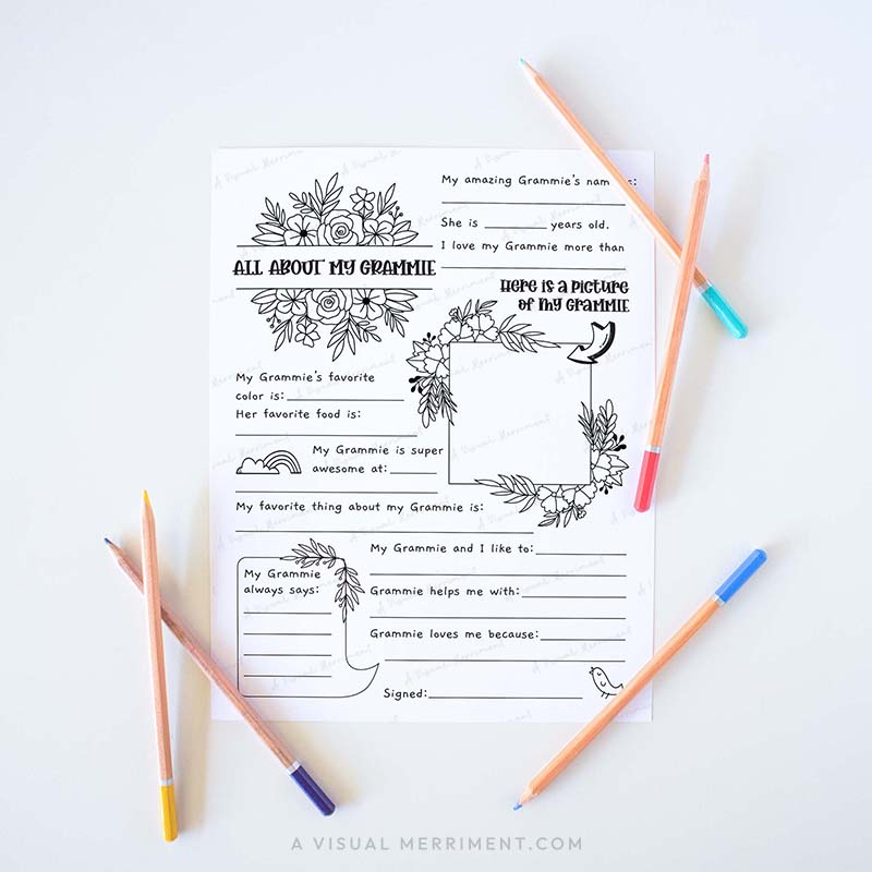 Fill in the blank worksheet for children about their Grammie grandmother with colored pencils