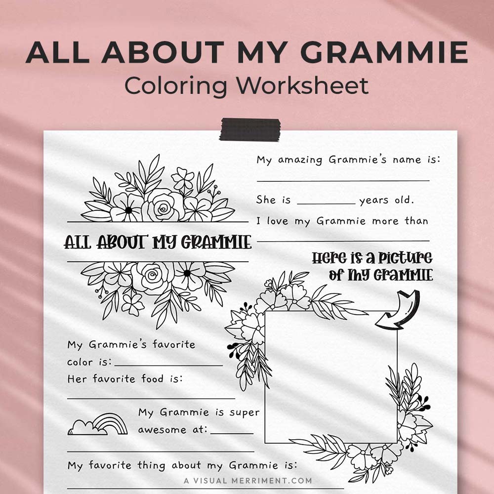 hanging page with tape titled all about my Grammie worksheet with drawing, coloring